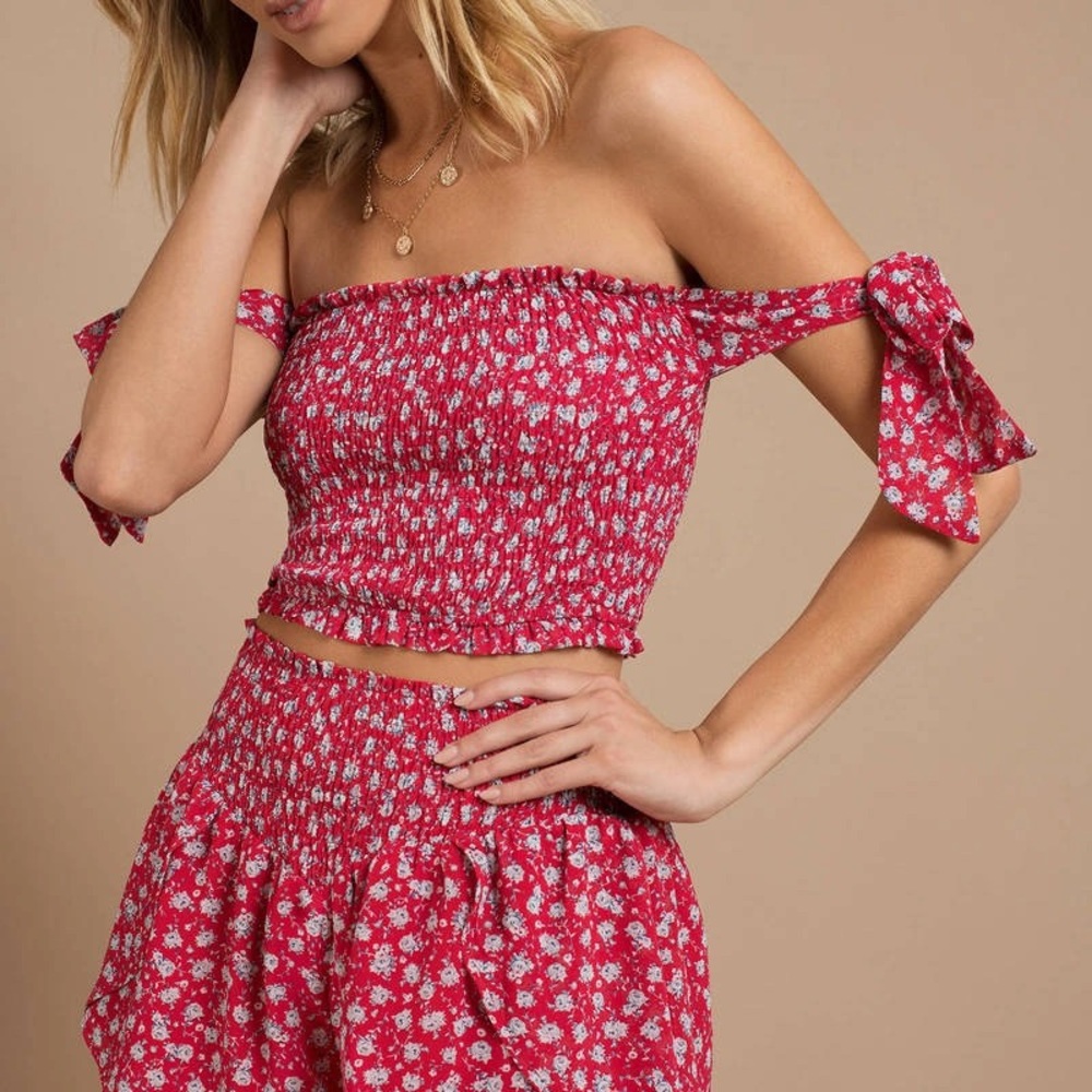 Into You Red Multi Smocked Crop Top Tie Sleeves - TOBI